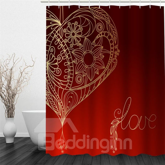 3D Red Background with Love and Flowers Printed Polyester Waterproof Eco-friendly Shower Curtain