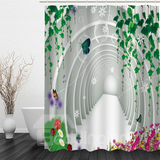 Cortina de ducha blanca impermeable y ecológica de poliéster con plantas verdes 3D