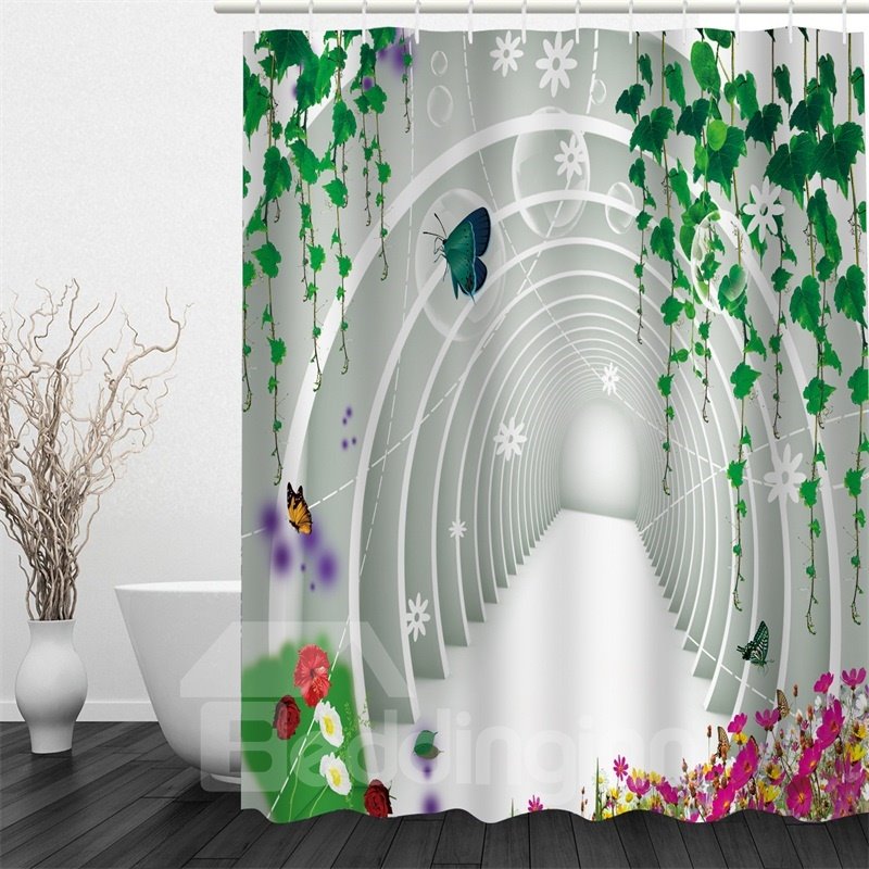 3D Green Plants Polyester Waterproof and Eco-friendly White Shower Curtain