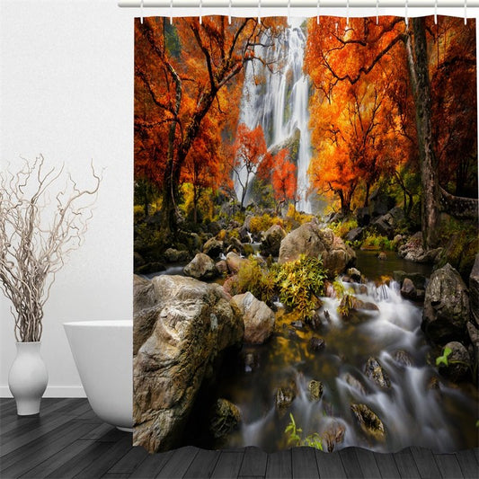 Wasserdichter und umweltfreundlicher 3D-Duschvorhang aus Polyester mit Wasserfall und Bäumen