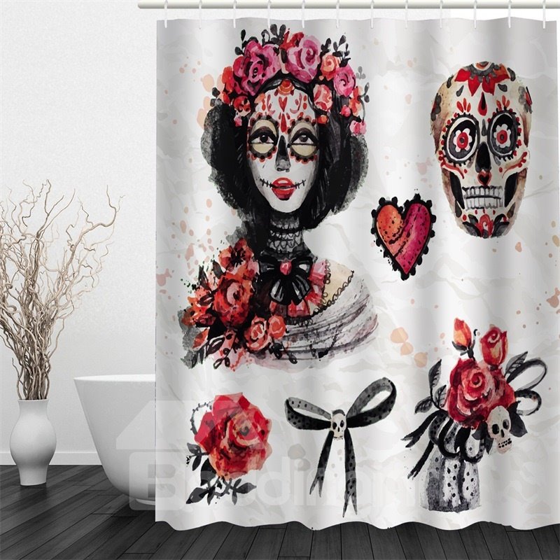 Mädchen mit Blumen und Totenkopf, wasserdichter und umweltfreundlicher 3D-Duschvorhang aus Polyester
