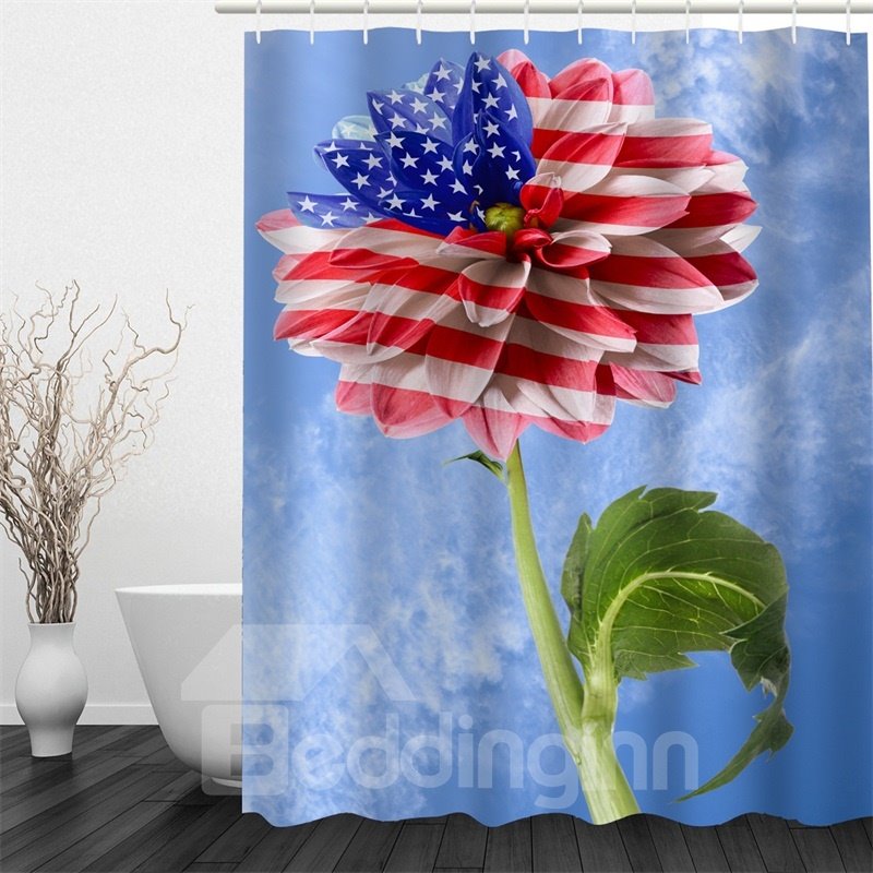 3D Blue Background with Flower Printed Polyester Waterproof and Eco-friendly Shower Curtain