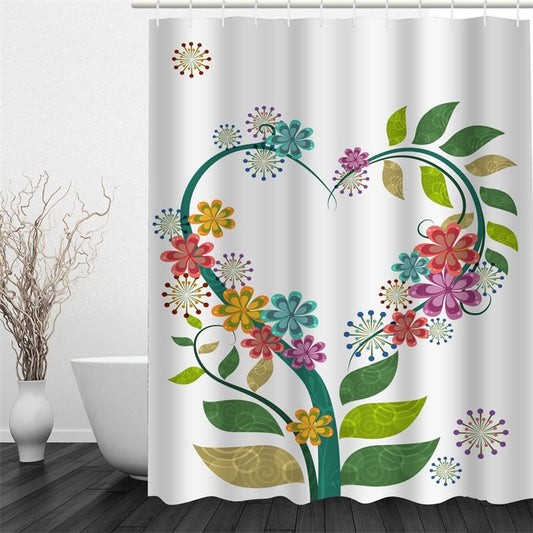 White Background with Heart-shaped Flowers Polyester Waterproof and Eco-friendly 3D Shower Curtain