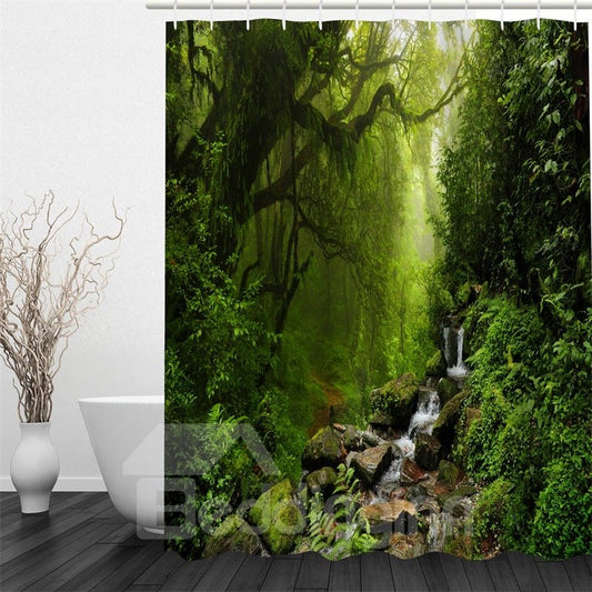 3D Stream Flowing in Forest Pattern Polyester Waterproof and Eco-friendly 3D Shower Curtain