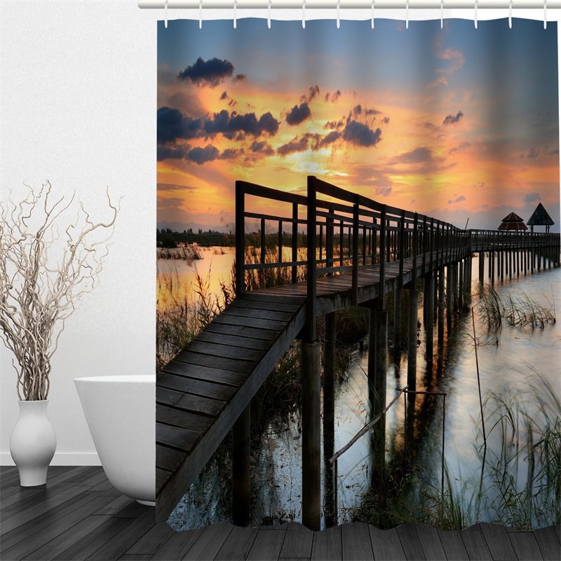 Wooden Bridge over River in Dusk 3D Polyester Waterproof and Eco-friendly Shower Curtain