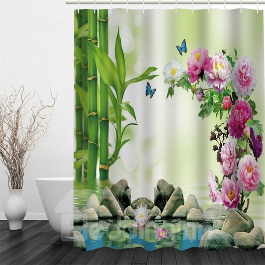 3D Peonies Stones and Bamboos beside Lake Polyester Waterproof and Eco-friendly Shower Curtain