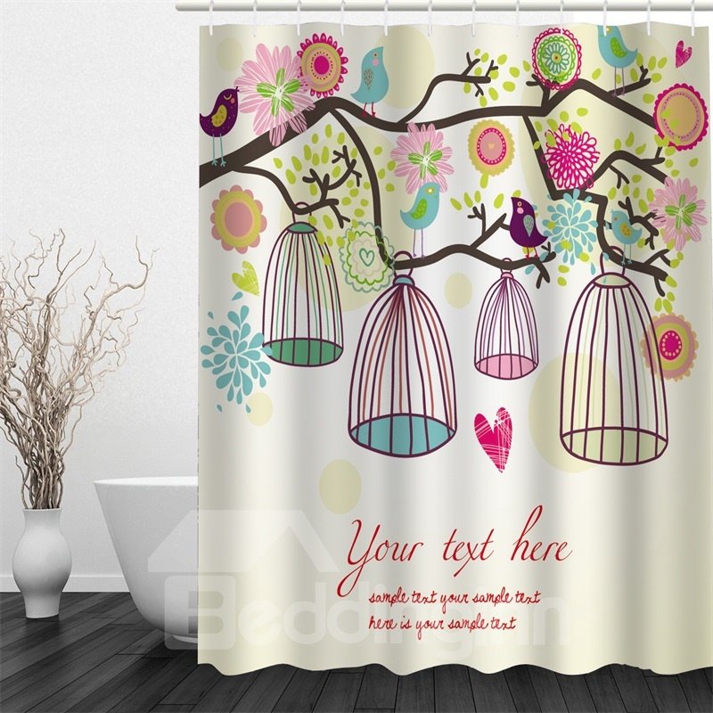 3D Colorful Flowers and Cages on Branches Polyester Waterproof and Eco-friendly Shower Curtain