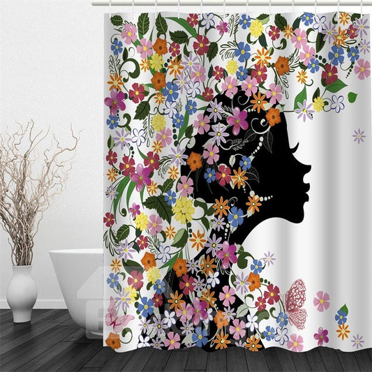 Chica hacia la derecha rodeada de flores Cortina de ducha 3D impermeable y ecológica de poliéster