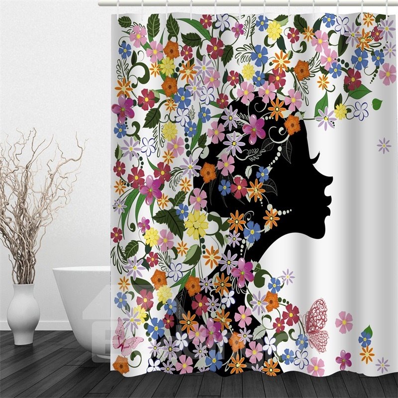 Chica hacia la derecha rodeada de flores Cortina de ducha 3D impermeable y ecológica de poliéster