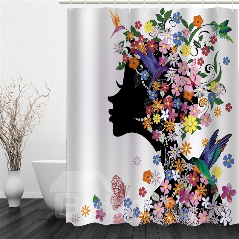 Wasserdichter und umweltfreundlicher 3D-Duschvorhang aus Polyester mit bunten Blumen, die ein Mädchen umgeben