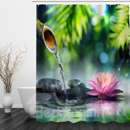 3D Lotus and Stones Pattern Polyester Waterproof and Eco-friendly Shower Curtain