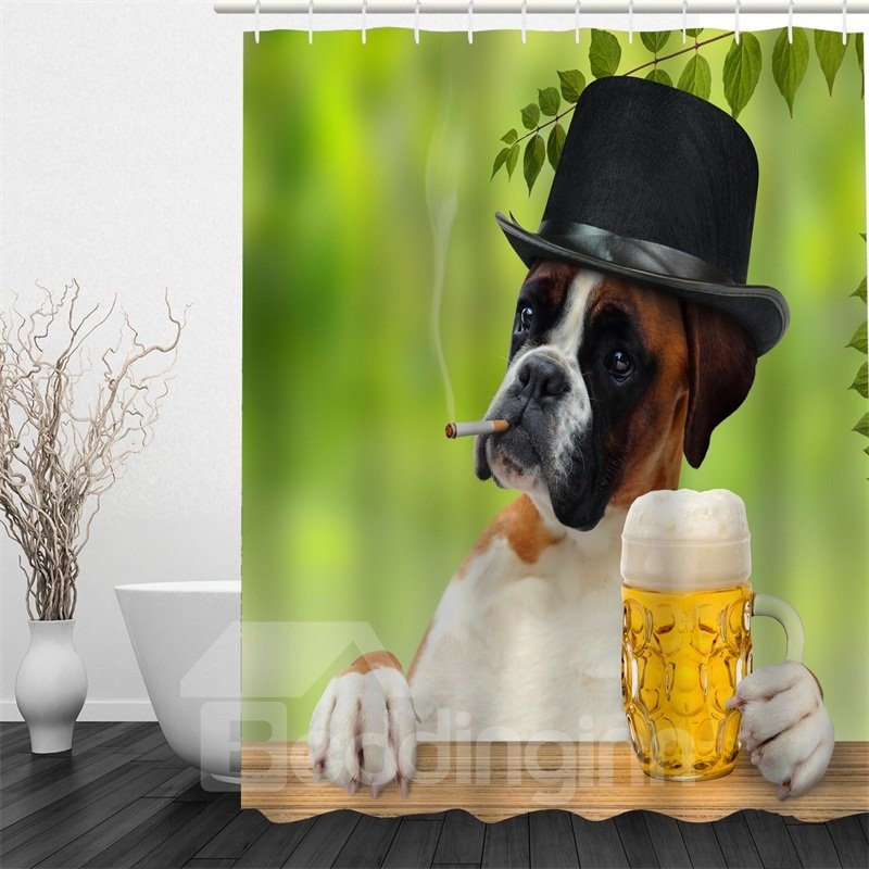 Rauchender Hund mit Hut und Bier, wasserdichter und umweltfreundlicher 3D-Duschvorhang aus Polyester