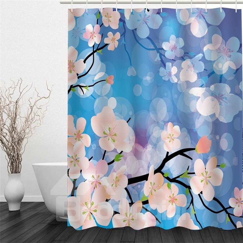 Fondo azul 3D con flores de melocotón, cortina de ducha impermeable y ecológica de poliéster estampada