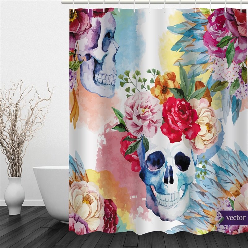 Wasserdichter und umweltfreundlicher 3D-Duschvorhang aus Polyester mit Blumen- und Totenkopfmuster