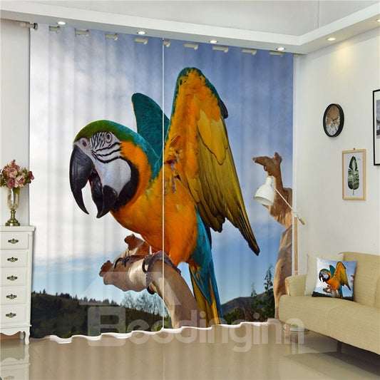 Benutzerdefinierter Polyester-Vorhang mit 3D-Motiv „Lovely Fat Parrot on the Branch“, bedruckt für das Wohnzimmer