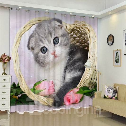 Benutzerdefinierter 3D-Fenstervorhang mit niedlicher Katze und rosa Rose im Korb, bedruckt, 2 Bahnen für Schlafzimmer