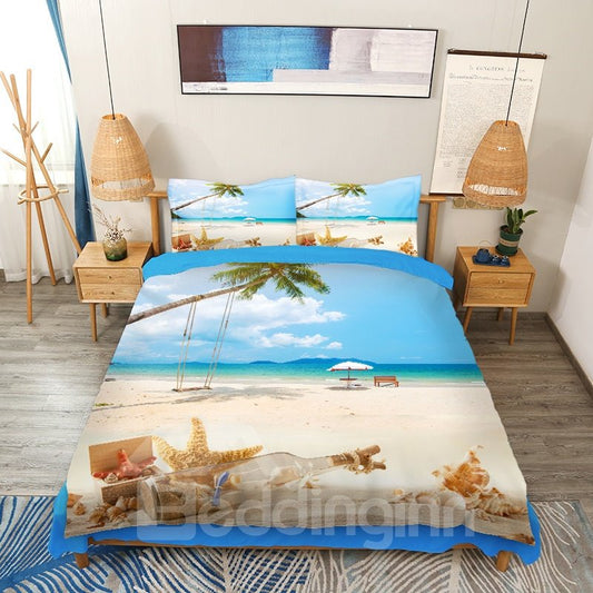 4-teiliges 3D-Landschafts-Bettbezug-Set/Bettwäsche-Set mit Seestern und Treibflasche, bedruckt, Mikrofaser, Blau 
