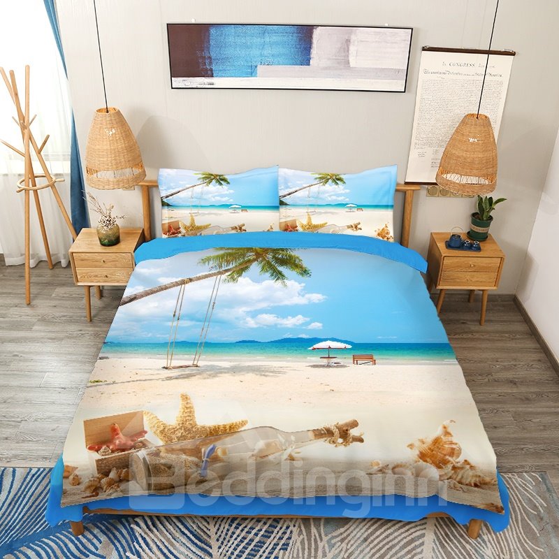 Starfish and Drift Bottle Printed 4-Piece 3D Scenery Duvet Cover Set/Bedding Set Microfiber Blue