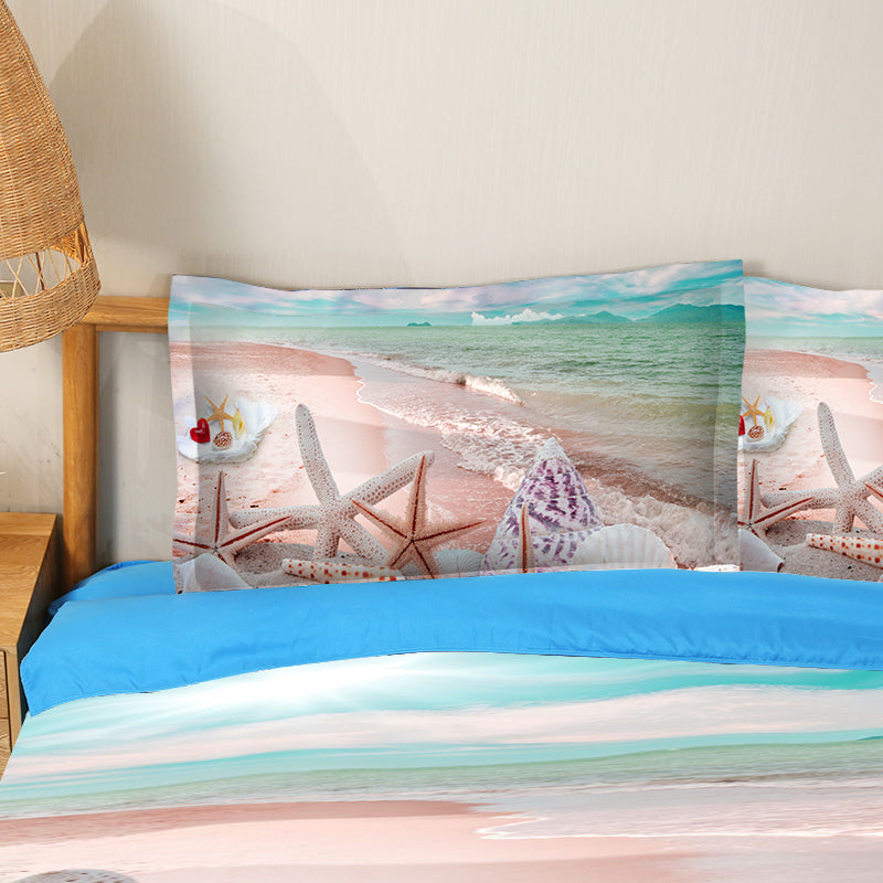 Juego de cama/funda nórdica con paisaje 3D de 4 piezas de playa de conchas de estrella de mar, microfibra suave y agradable para la piel, color azul