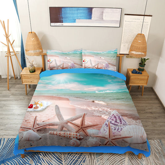 Juego de cama/funda nórdica con paisaje 3D de 4 piezas de playa de conchas de estrella de mar, microfibra suave y agradable para la piel, color azul