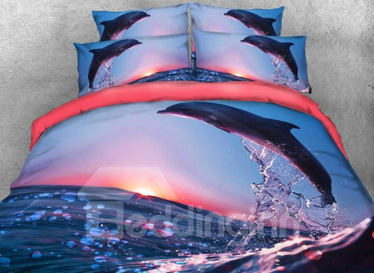 Delfin springend bei Sonnenuntergang, bedruckte 3D-4-teilige Bettwäsche-Sets/Bettbezüge aus Mikrofaser 