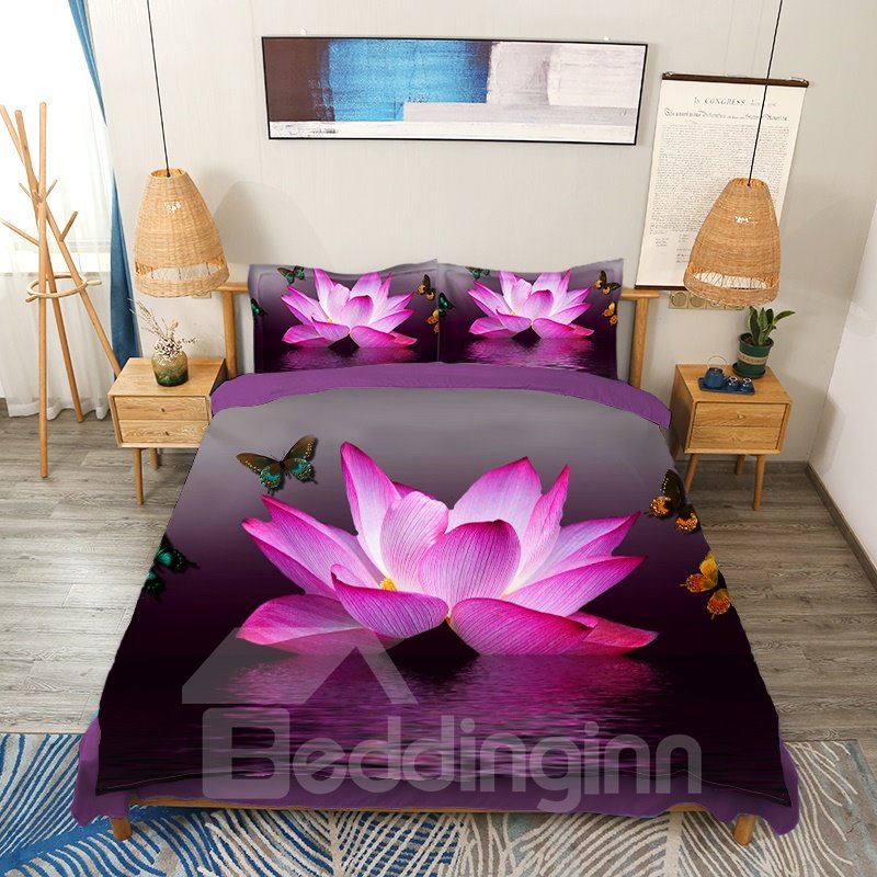 3D Pink Lotus and Butterfly Print 4-Piece Duvet Cover Set Floral Bedding Soft Skin-friendly Microfiber