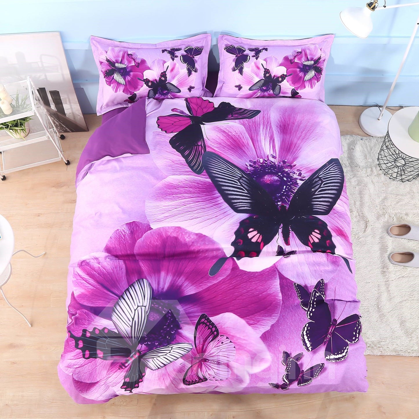 Stiefmütterchen und Schmetterling bedrucktes 4-teiliges 3D-Blumen-Bettwäsche-Set/Bettbezug-Set, lila Mikrofaser 