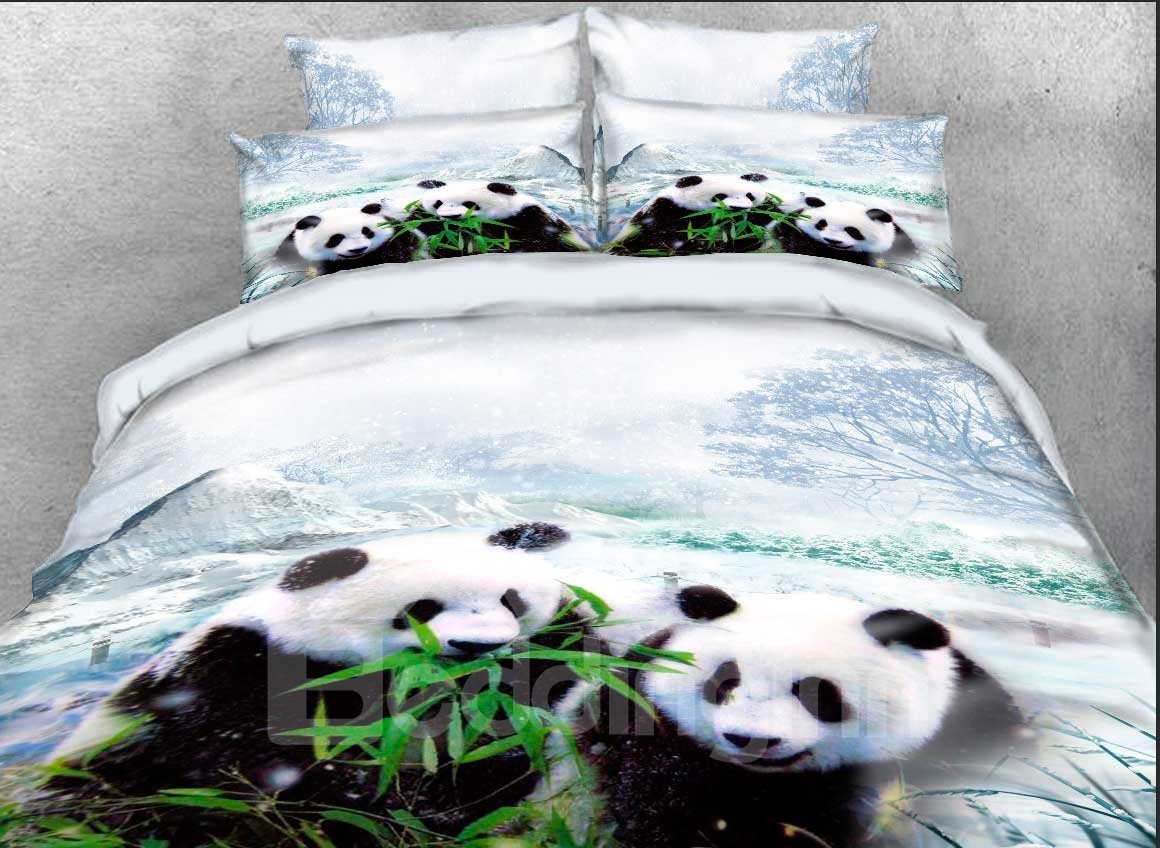 4-teilige 3D-Bettwäsche-Sets/Bettbezüge aus bedrucktem Polyester mit Panda-Junges, das Bambus isst 