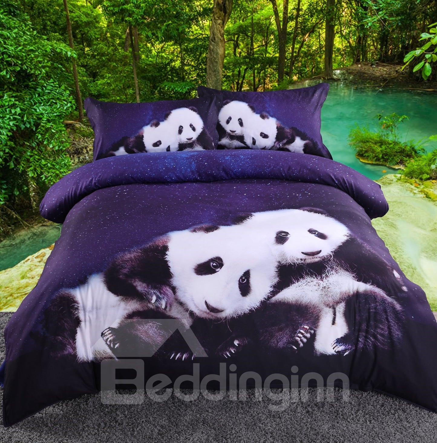 Panda und Galaxie 3D-Sternen-Bettbezug-Set, 4-teiliges Bettwäsche-Set, langlebig, weich, Marineblau 
