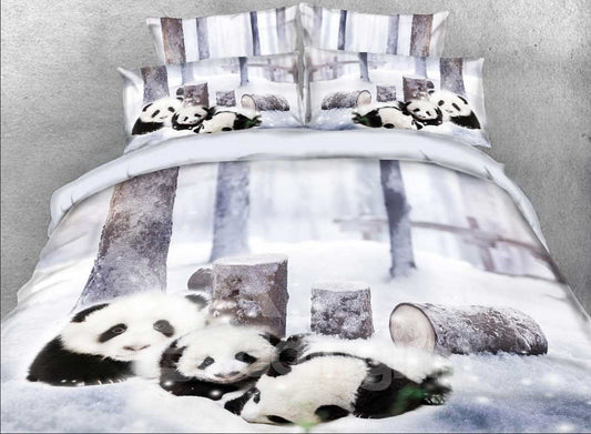 4-teiliges 3D-Bettwäsche-Set/Bettbezug-Set mit Panda-Junges im Schnee, bedruckt 