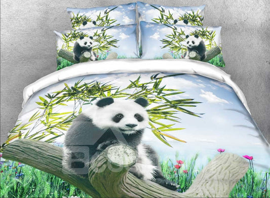 Panda und Bambus Chinoiserie 4-teilige 3D-Bettwäsche-Sets mit verstecktem Reißverschluss, Bettbezug, Umschlag-Kissenbezügen und weißem Laken 