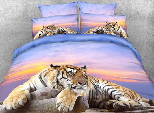 Juego de cama con estampado de animales en 3D de tigre agachado sobre una roca, juego de funda nórdica de 4 piezas, paisaje al atardecer 