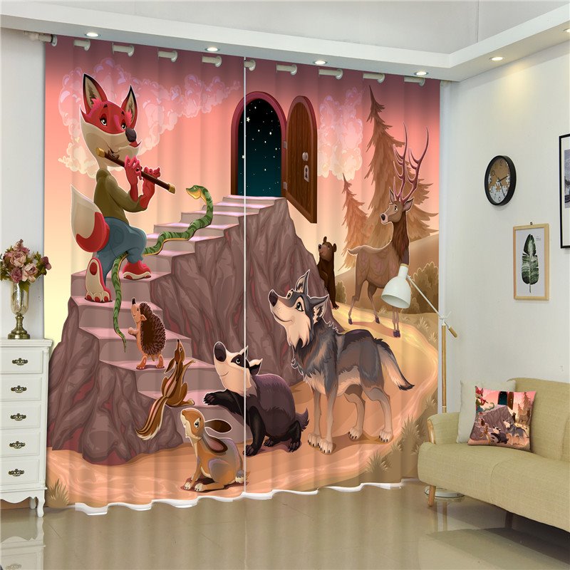 Cortina personalizada con dibujo de cuento de hadas en 3D, estilo Lobo, zorro y conejo, fiesta de animales, sala de estar y niños