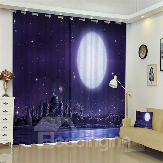 Grand Castles under Bright Moonlight Purple Night Scenery 2 Panels Custom Curtain