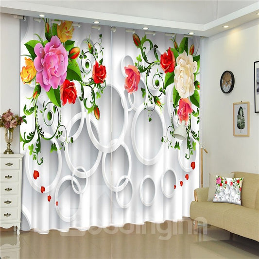Individueller 3D-Vorhang mit weißen runden Kreisen und leuchtend farbigen Blüten für das Wohnzimmer