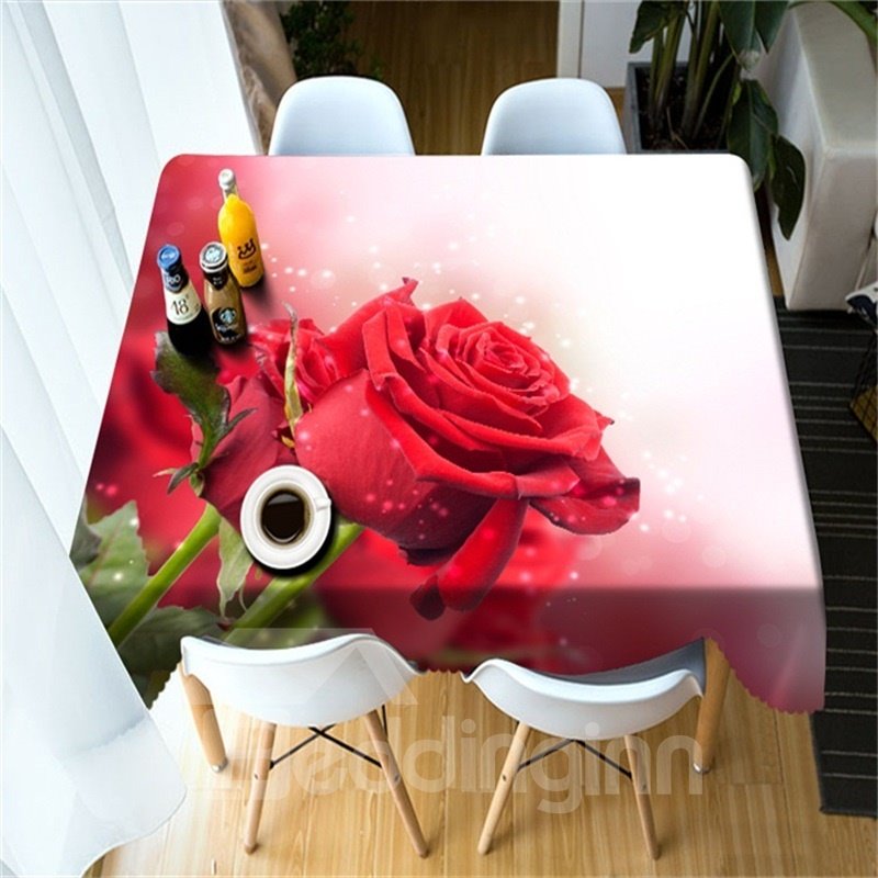 3D Red Rose with Dewdrops Printed Home and Restaurant Table Cove Cloth