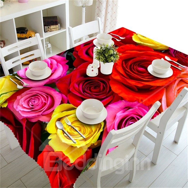 3D Romantic Colorful Rose Sea Printed Thick Polyester Decorative Table Cloth