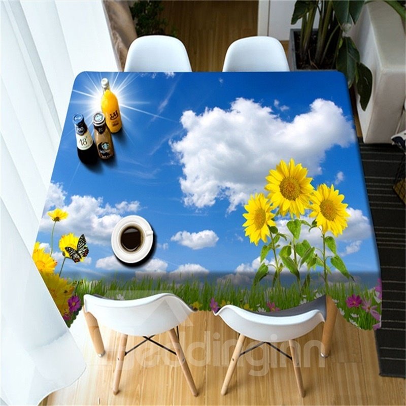 Bedruckte Tischdecke mit lebendigen 3D-Sonnenblumen mit blauem Himmel und weißen Wolken