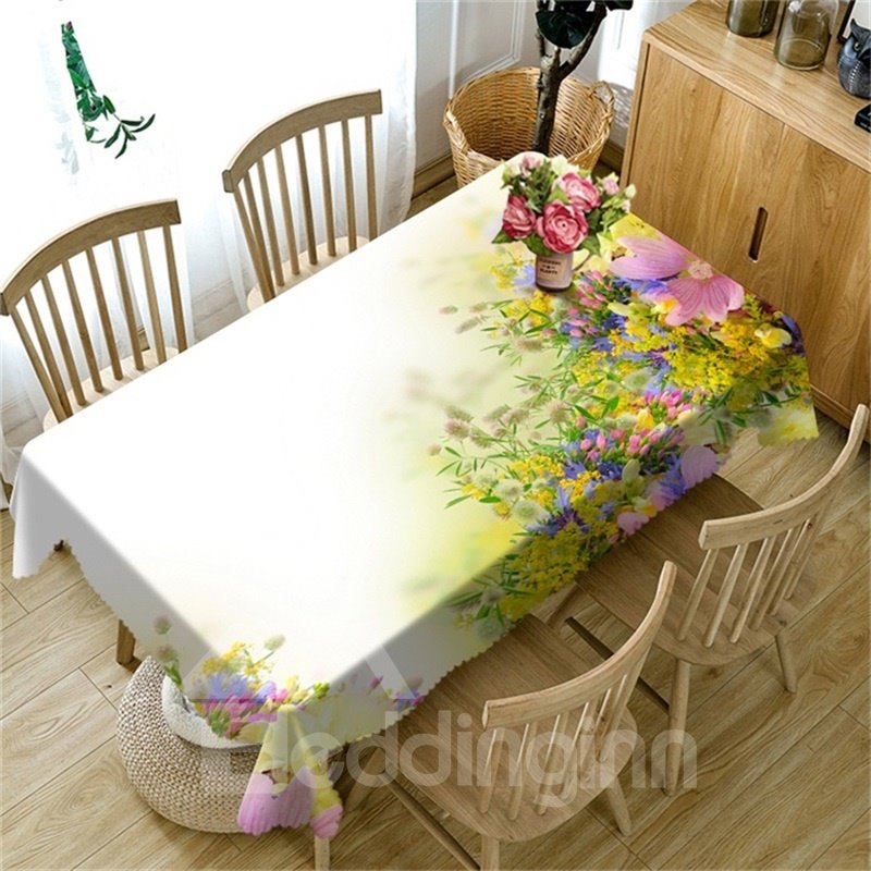 3D Yellow and Beige Flowers Printed Thick Polyester Oil-Proof Table Cover