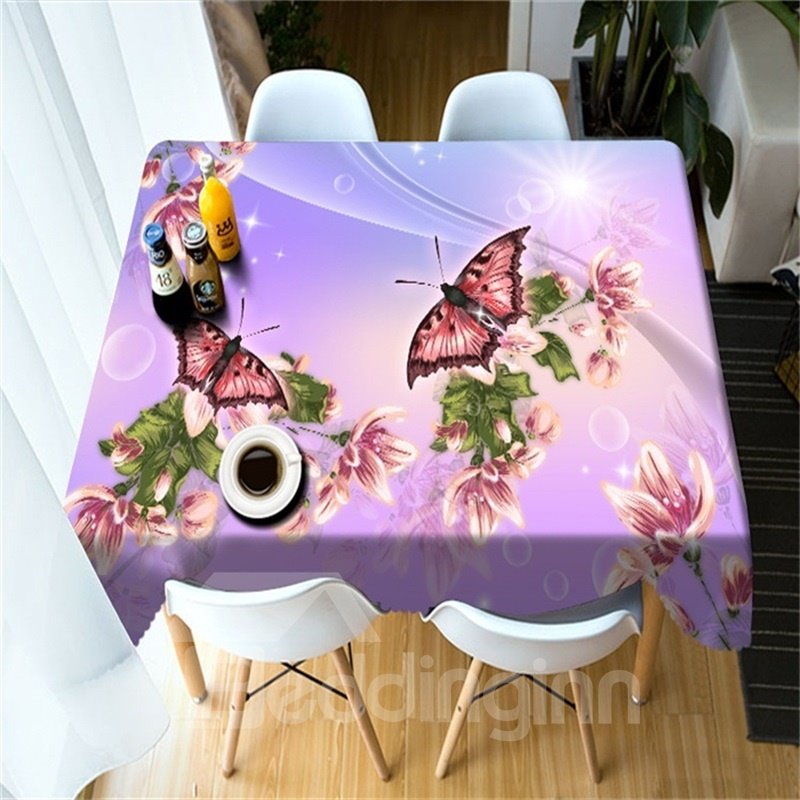 3D-Tischdecke im pastoralen Stil mit rosa Blumen und wunderschönen Schmetterlingen bedruckt