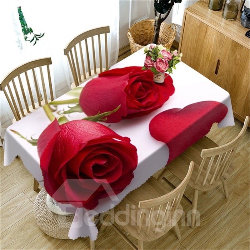 Mantel a prueba de aceite de poliéster grueso estilo fresco y romántico de rosas rojas animadas