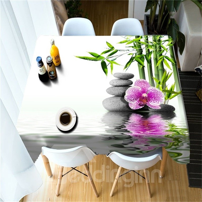 3D Green Bamboos and Stone Flowers Printed Fresh and Pastoral Style Table Cover