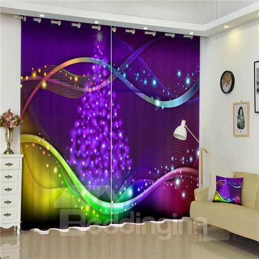 3D-Vorhang aus fließender Musiknotation und Weihnachtsbäumen, bedruckt, 2 Bahnen, individueller Polyester-Vorhang