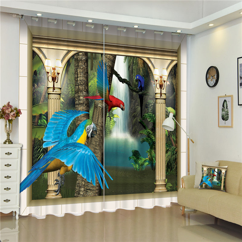 Bedruckter individueller Fenstervorhang mit 3D-Papageien in leuchtenden Farben, die im verträumten Palast fliegen