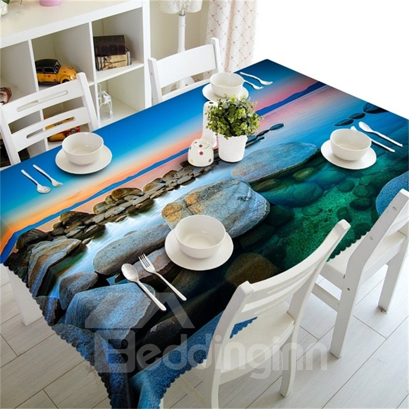 3D Grotesque Stones and Clear Water Printed Table Runner Cover Cloth