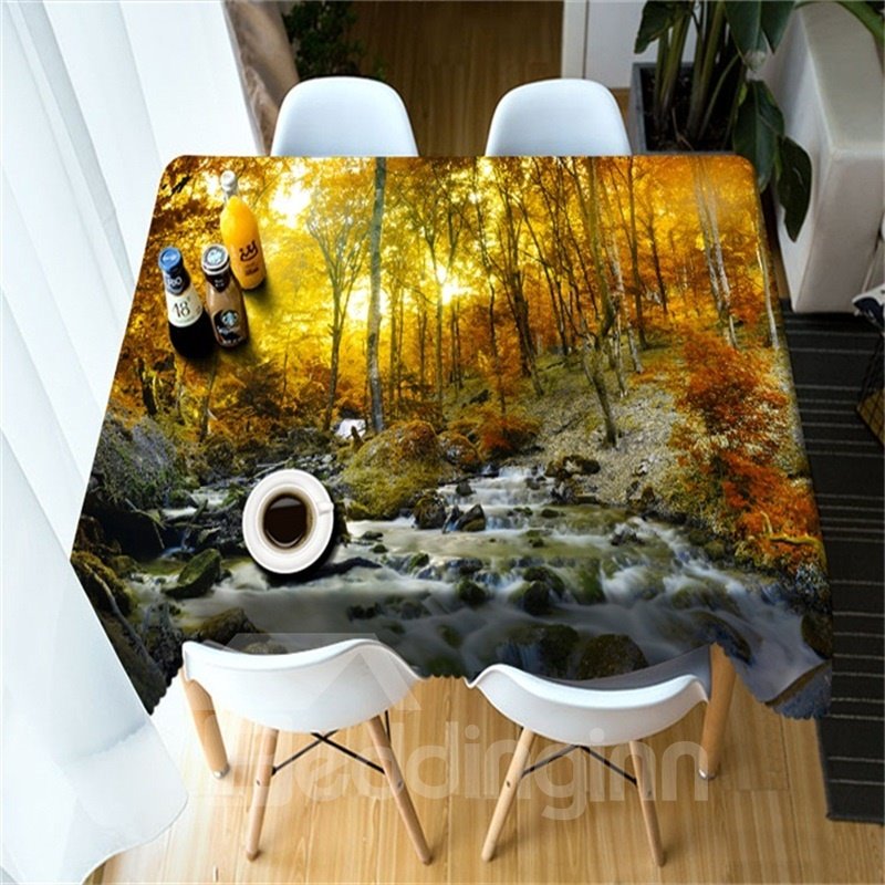 Golden Yellow Trees and Flowing River Printing Home and Hotel Table Cover