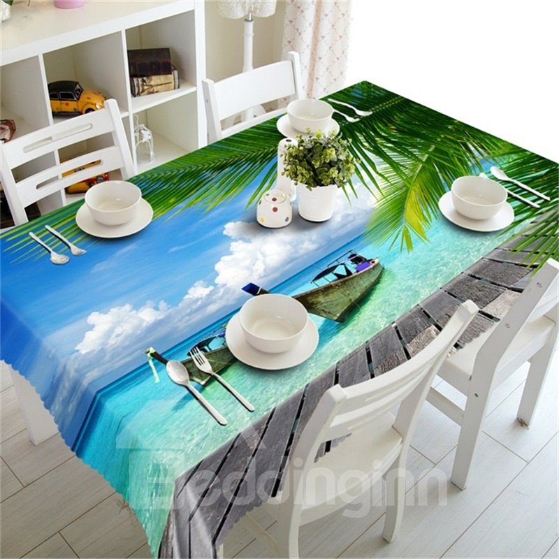 Blue Sea and Wooden Boats Wonderful Beach Scenery Decorative Table Cloth