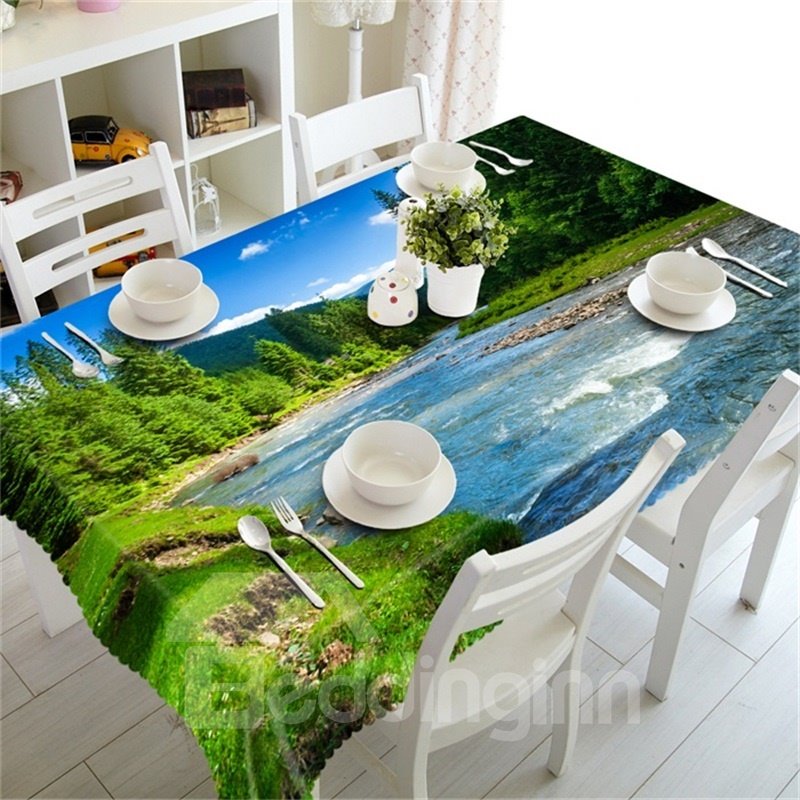 Cubierta de mesa decorativa y a prueba de aceite con estampado de bosque verde grueso y río que fluye