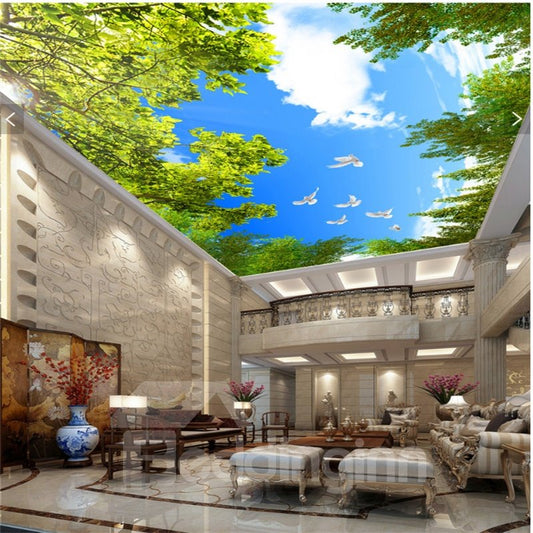 Murales de techo ecológicos duraderos e impermeables con árboles verdes y palomas en un cielo azul en 3D