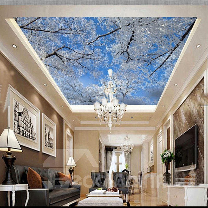 3D Snow on Branches and Blue Sky Waterproof Durable and Eco-friendly Ceiling Murals